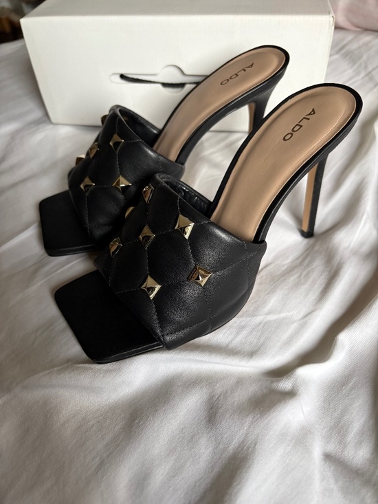 Aldo Shoes - Aldo ZAESA Black Quilted Gold Stud Square Toe Leather High Heel Mule